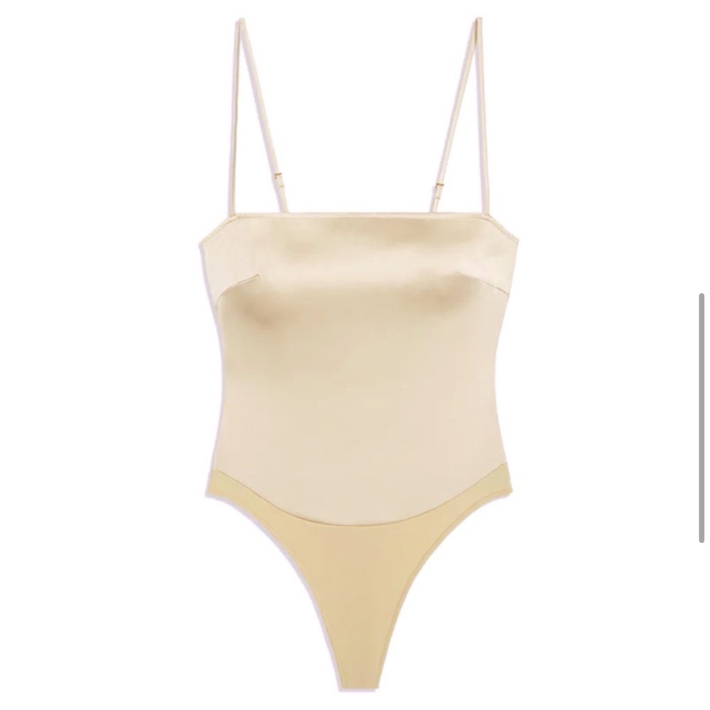 WeWoreWhat Strappy Satin Chiffon Bodysuit in Crème Brûlée - Picture 5 of 10